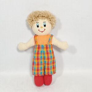 Lanka Kade Plush Doll Boy Overalls Orange Blue Embroidered Eyes 100% Cotton